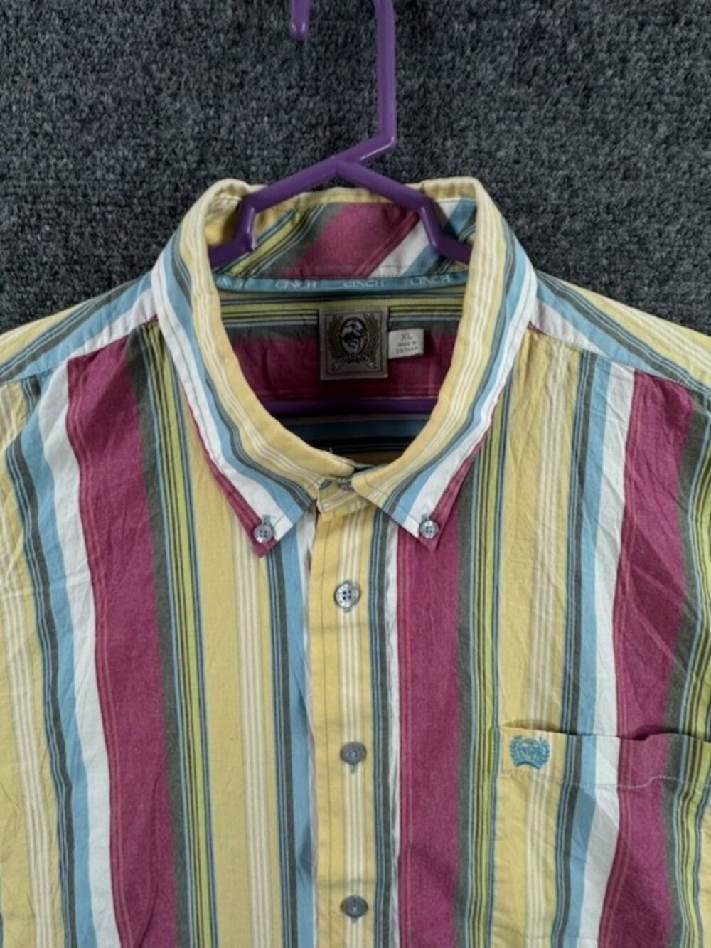 Cinch Pink Yellow Striped XL Button-Down Shirt Pocket Long Sleeve Mens Rodeo